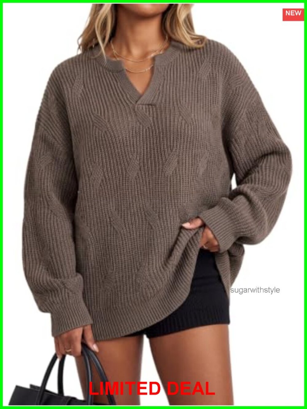 Wool Blend Oversized Henley Neck Chunky Pullover Sweater Lantern Sleeve